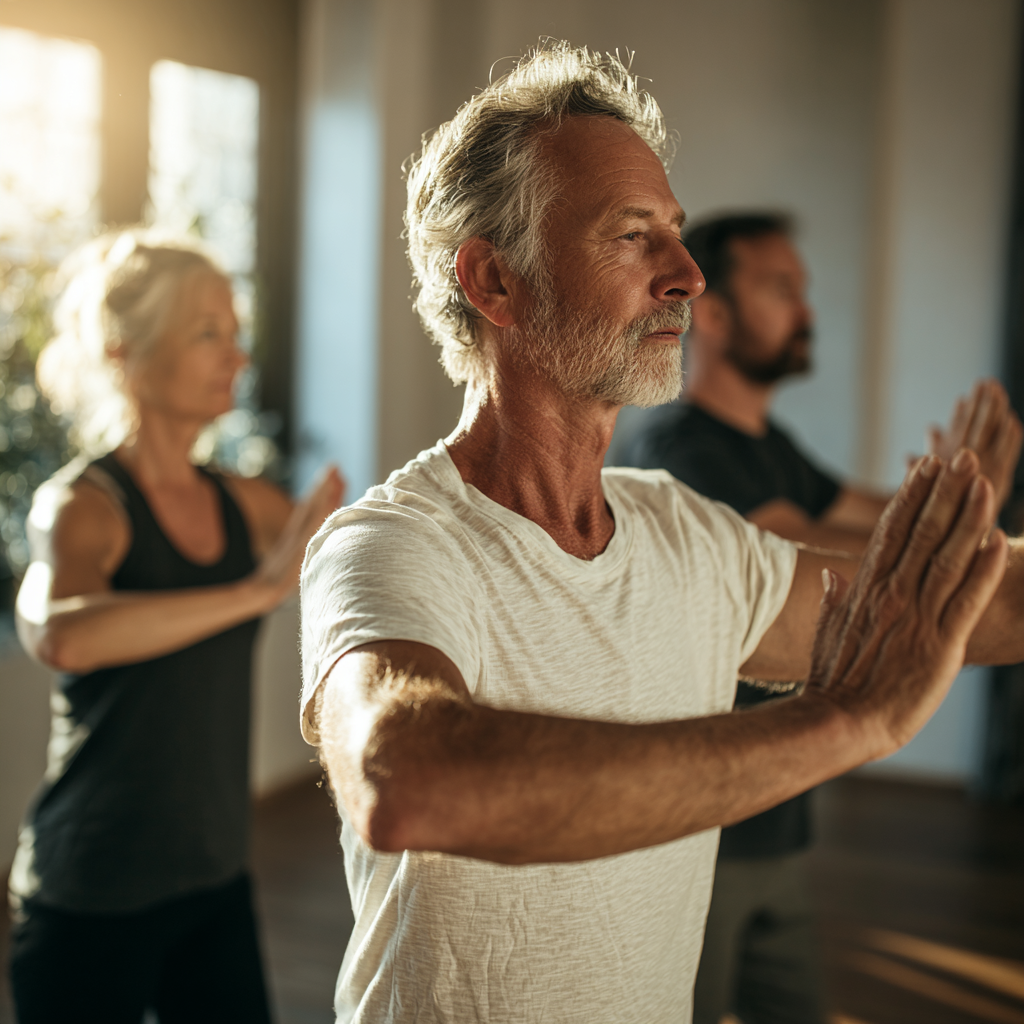 Middle-aged adults practicing gentle morning movements in natural lighting