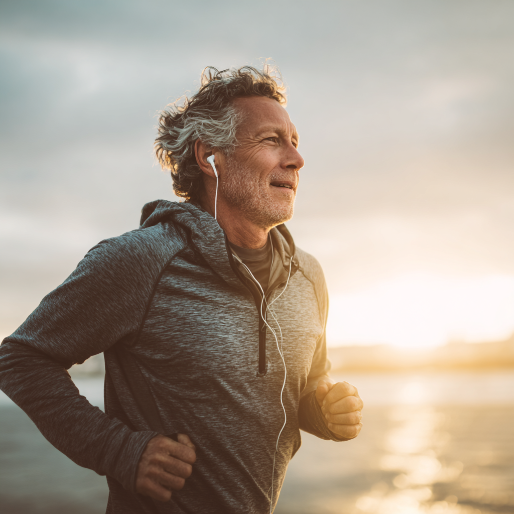 Middle-aged person enjoying outdoor activities with focus on natural movement