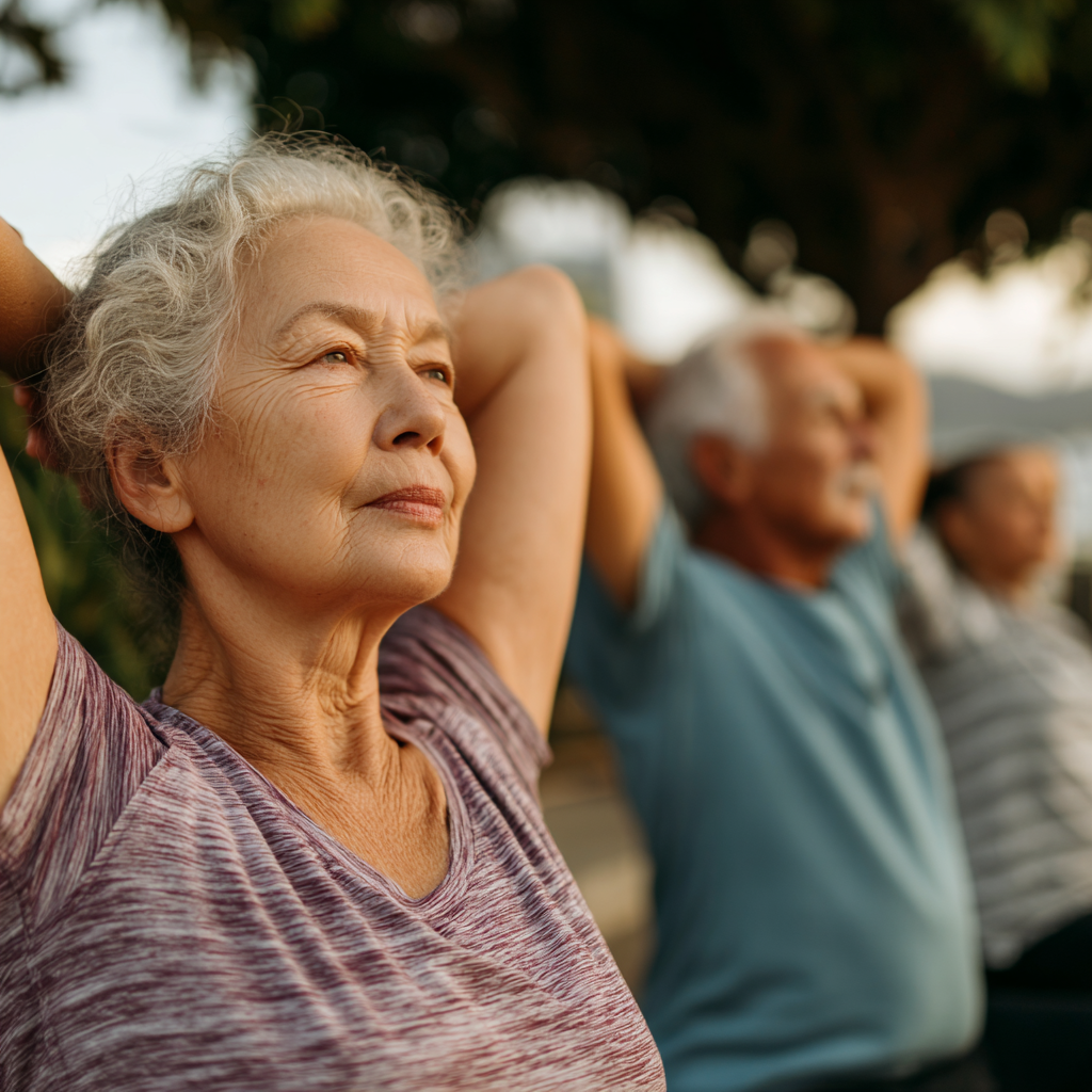 Older adults engaged in mindful stretching exercises outdoors